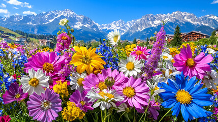Obraz premium Vibrant wildflowers bloom in a sunny alpine meadow with snow-capped mountains under a clear blue sky.