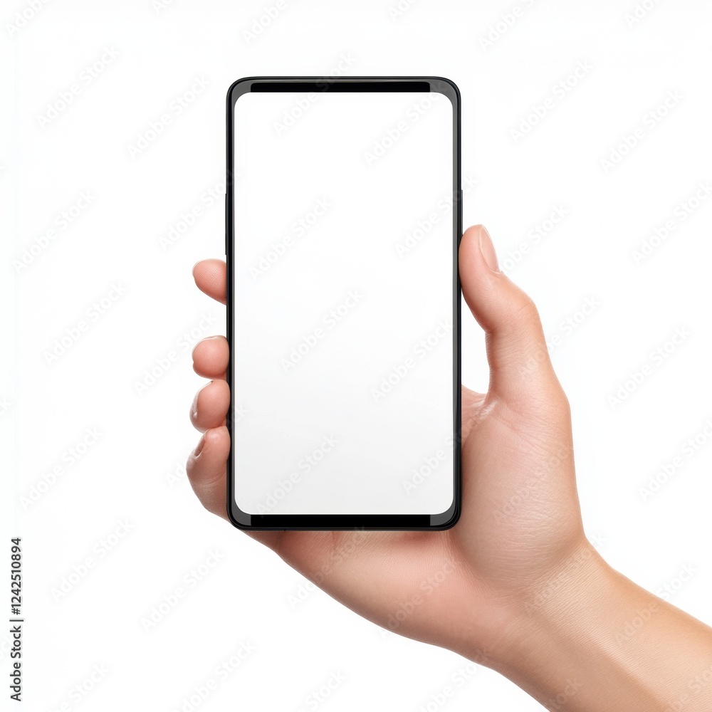 Poster mobile device displaying blank white screen held in hand ready for interface template mockup