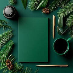 Green Holiday Flatlay with Notebook and Gold Accents