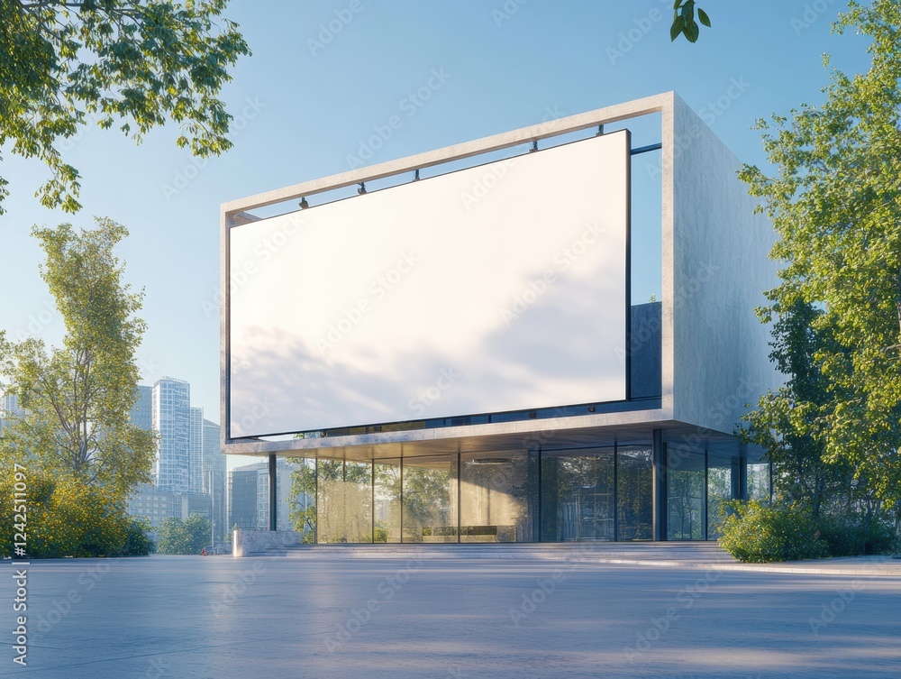 Poster modern architecture building with large white billboard display for advertisements in urban setting