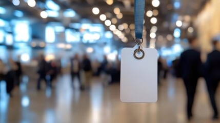 A blank name tag lies on a lanyard at a bustling corporate event.