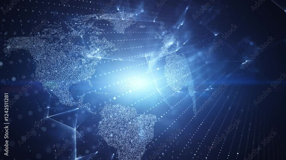 Poster futuristic shiny digital tech network and world map background.
