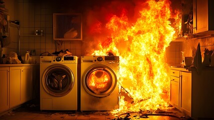 Red fire alarm blinking urgently as flames start spreading rapidly through a laundry room threatening to engulf the washing machine dryer