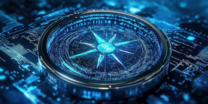 A futuristic digital compass illuminated by glowing binary codes.