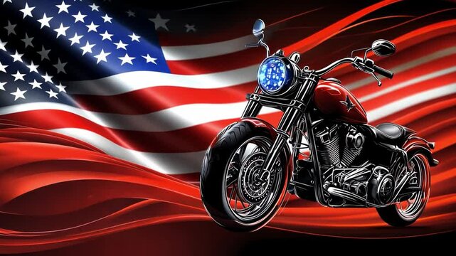 Patriotic Ride: A powerful cruiser motorcycle stands proudly against a backdrop of a dramatically waving American flag, symbolizing freedom, independence, and the spirit of the open road.