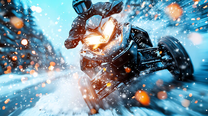 snowmobile racing through snowy landscape, creating dynamic and thrilling scene. rider is focused, showcasing speed and excitement