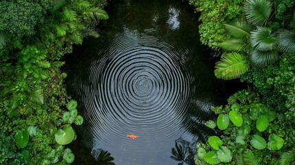 Aerial view Koi pond ripples, tropical foliage, calm scene, nature backdrop, zen garden