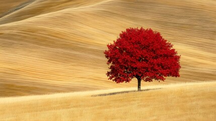 A lone tree with bright red leaves standing in a gold landscape