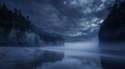 Naklejka premium Mysterious misty ocean beach at night with dark clouds and starlit sky reflecting on calm water surrounded by towering cliffs and forest evoking a tranquil and eerie wilderness atmosphere