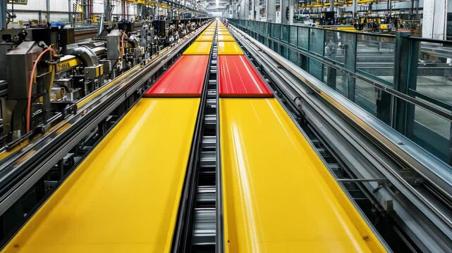 Industrial Conveyor Belt System: A high-angle, long shot reveals a modern industrial conveyor belt system, showcasing vibrant yellow and red metal sheets moving along parallel tracks.