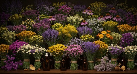 Obraz premium Vibrant assortment of fresh wildflowers with essential oil bottles on rustic display