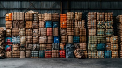 Fototapeta premium Stacked Cargo Bags in Warehouse: A vibrant wall of tightly packed cargo bags in various colors and textures stands tall within a dimly lit warehouse.