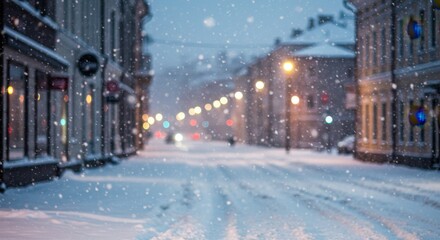 Magical snowfall on quiet city street at dusk with warm streetlights