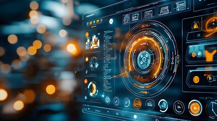 Fototapeta premium Sleek Digital Home Automation Control Panel with Futuristic Interface Displaying Various System Information Data and Intelligent Controls on a Modern Innovative Dashboard