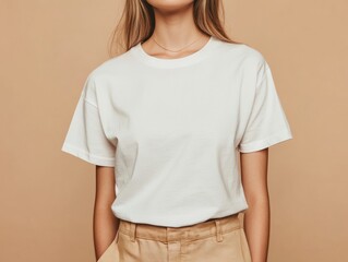 Person in a Plain White T Shirt Wearing Khaki Pants Against Beige Backdrop Presentation Image