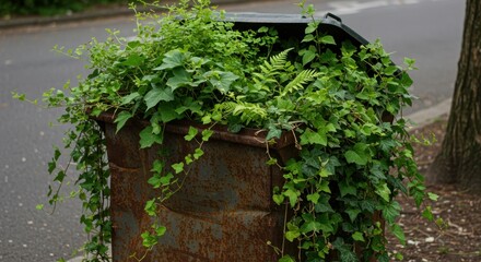 Nature reclaims rusty bin with lush green vines and foliage in urban setting