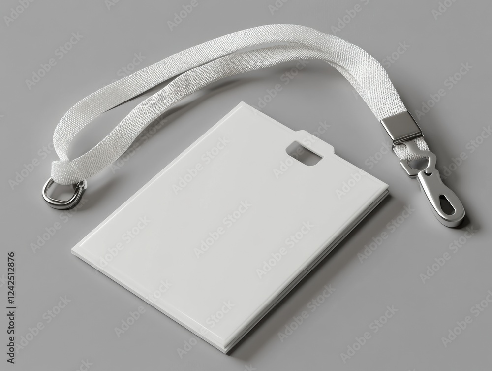 Poster plain white identification badge with lanyard on a neutral gray background for corporate access need