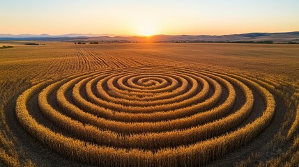 Spiral crop field art at sunset in rural landscape
