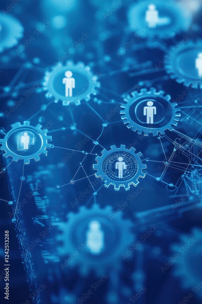 Poster conceptual digital network with human icons on gears, connecting in a social tech environment