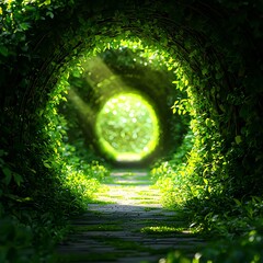 Green Leaf Tunnel Pathway with Bright Sunlight