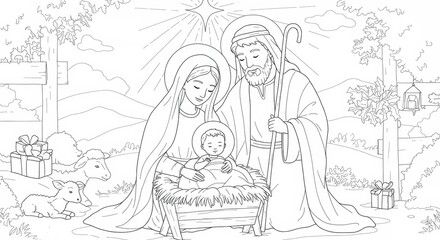 Nativity coloring page featuring mary, joseph, and baby jesus in a manger scene © IbragimovN