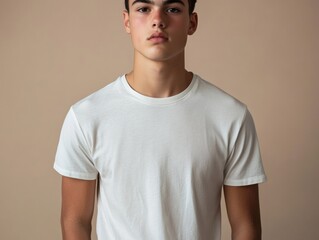 Obraz premium Portrait of a Young Male Wearing a Simple White T-Shirt Against a Neutral Beige Color Backdrop
