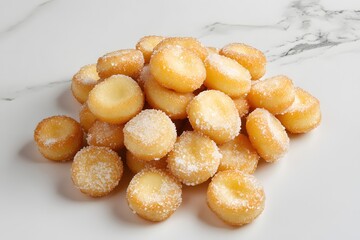 A pile of small, round, sugary doughnuts dusted with sugar, stacked on a white marble counter. The doughnuts have been deep-fried and are soft in texture