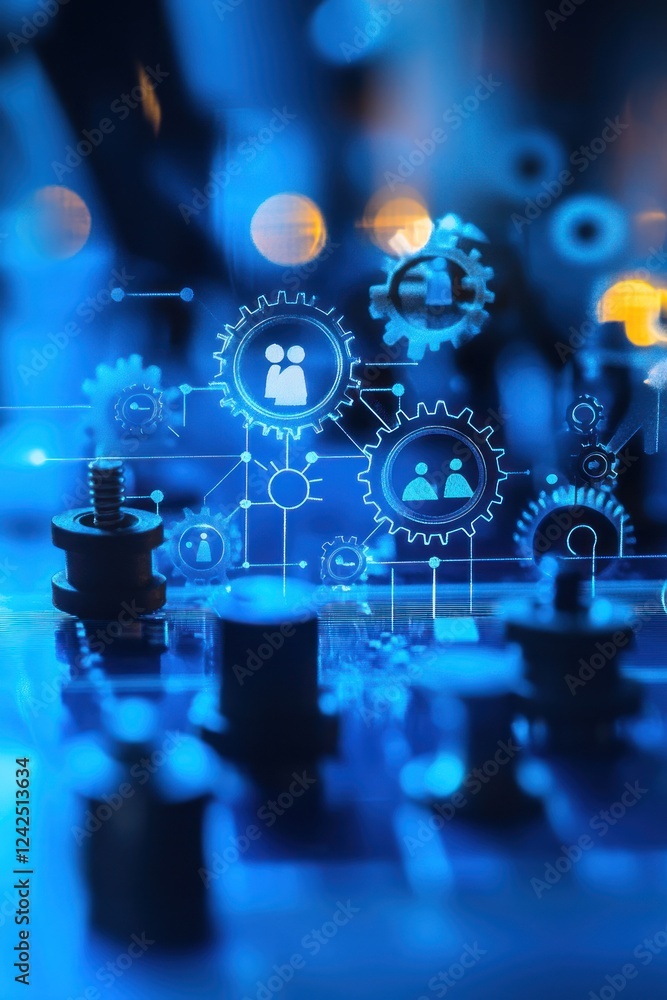 Aufkleber blue gears connecting icons on tech surface with bokeh lights used for digital concepts