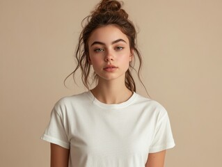 Obraz premium Portrait of a Young Woman with Casual Style against a Neutral Background with Natural Light