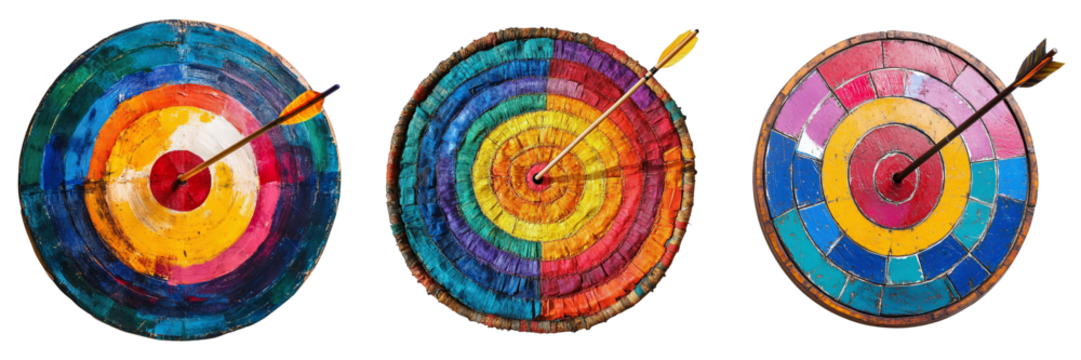 Set of colorful archery targets with a single arrow perfectly striking the center isolated on a white or Transparent background. - Powered by Adobe