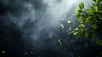 Green Leaves and Branches in a Dramatic Rainstorm