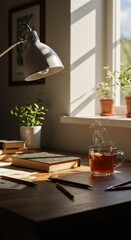 Cozy sunlit workspace with tea, books, and plants in a tranquil home office setting
