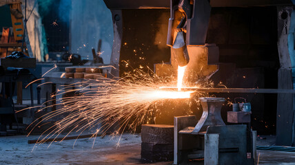 A forge glowing with molten metal, sparks of light bursting forth.