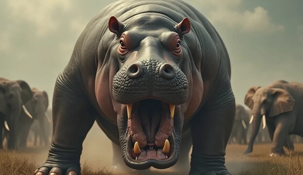 angry hippopotamus with bllured group elephants background