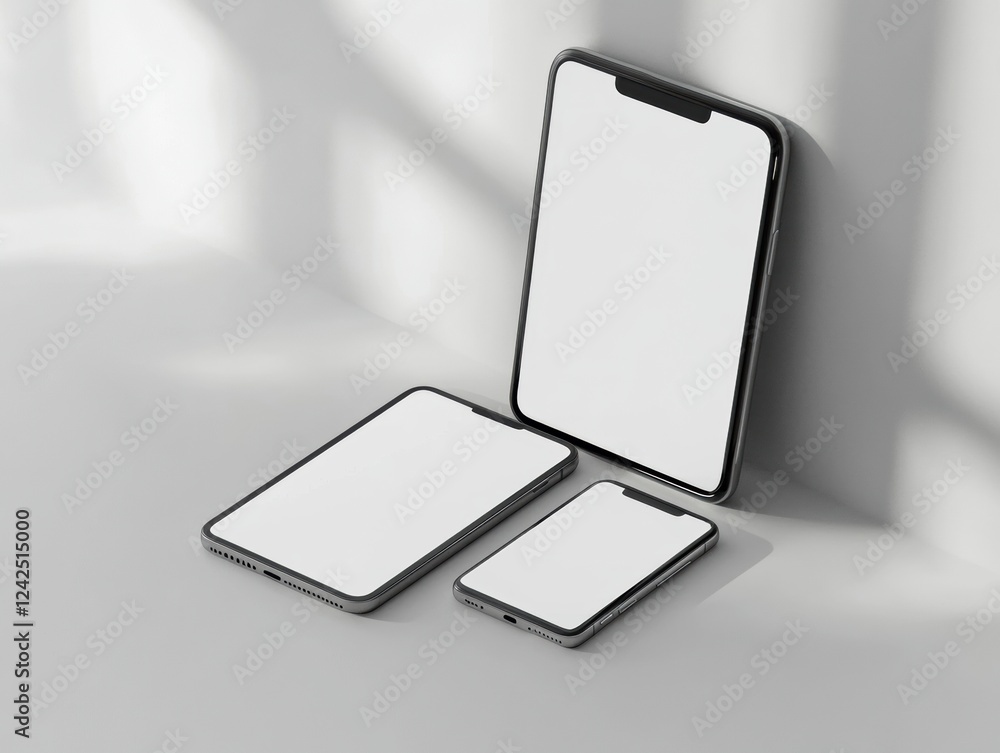 Poster sleek device display with light play on white backdrop featuring multiple electronic gadgets