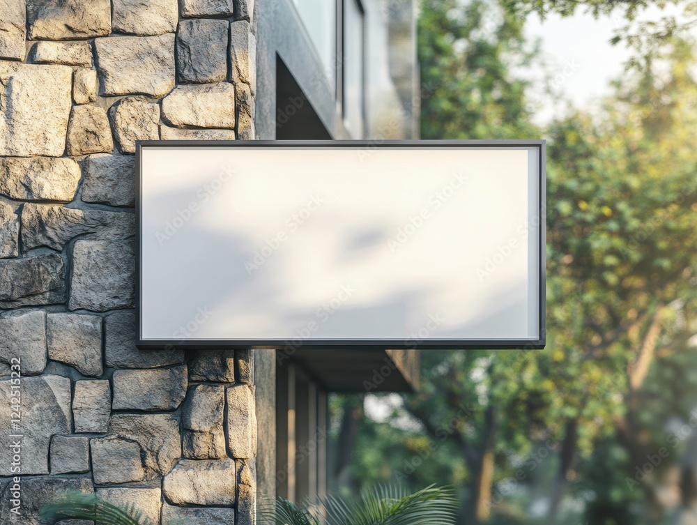 Poster stone building facade featuring blank signage space for custom text or graphic design display ad moc