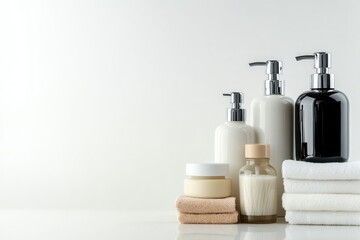 Obraz premium Modern Bathroom Essentials: Elegant Bottles, Creams, and Towels in a Minimalist Design