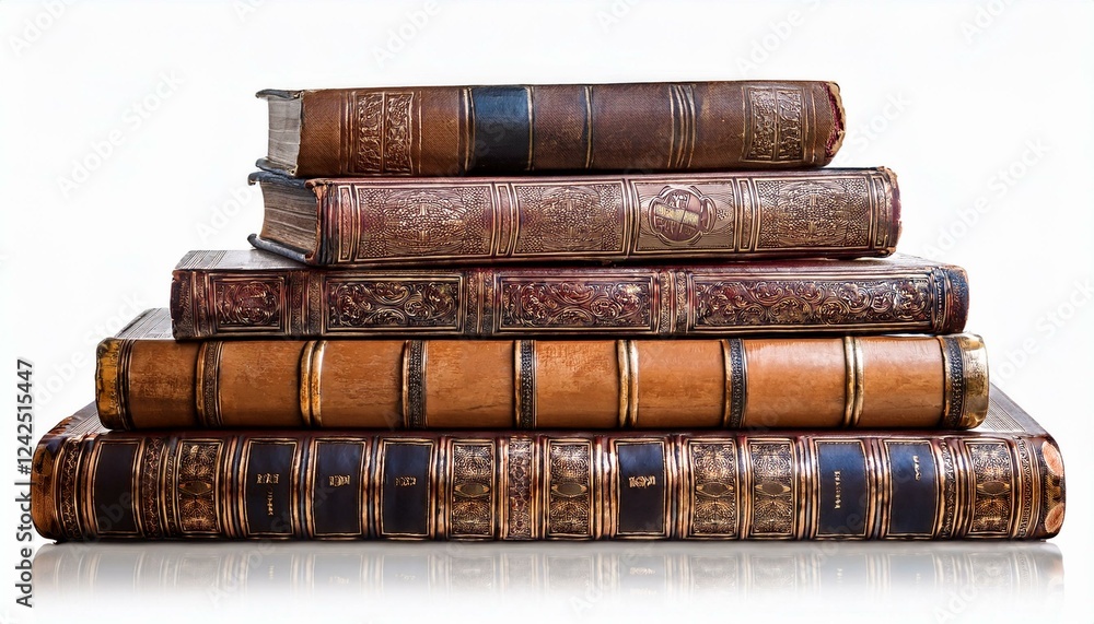 Poster stack of old books on a shelf. stack of old historical books isolated on white background