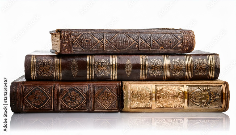 Poster stack of old books on a shelf. stack of old historical books isolated on white background