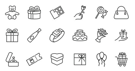 Gift box icon set. Present gift box tied, open, and sparkle for christmas, birthday, valentine, wedding event, party, celebration, and achievement success.