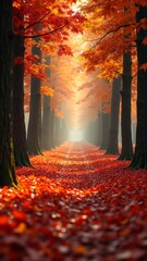 Fototapeta premium Enchanting autumn pathway with vibrant orange leaves in a sunlit forest