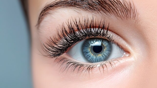 Stunning macro close up shot of naturally curled delicate eyelashes set against a soft luminous backdrop  The image showcases the intricate beauty and feminine allure of the human eye