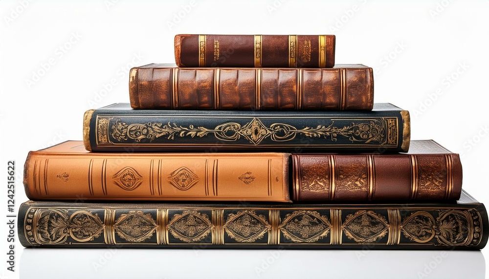 Poster stack of old books on a shelf. stack of old historical books isolated on white background