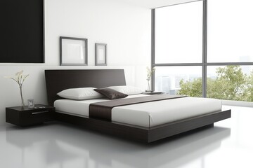 Modern platform bed in minimalist bedroom. Ideal for interior design, home decor, and hotel websites.
