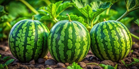 Close-Up of Three Watermelons Growing in Garden, Macro Photography of Fresh Fruits, Lush Green Leaves, Organic Farming, Juicy Watermelon Harvest, Summer Garden, Nature's Bounty