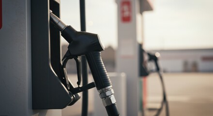 Close-up of fuel pump in modern gas station with focus on nozzle and hoses