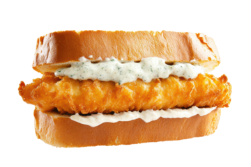 Crispy Fried Fish Sandwich On Toasted Bread With White Sauce Iso