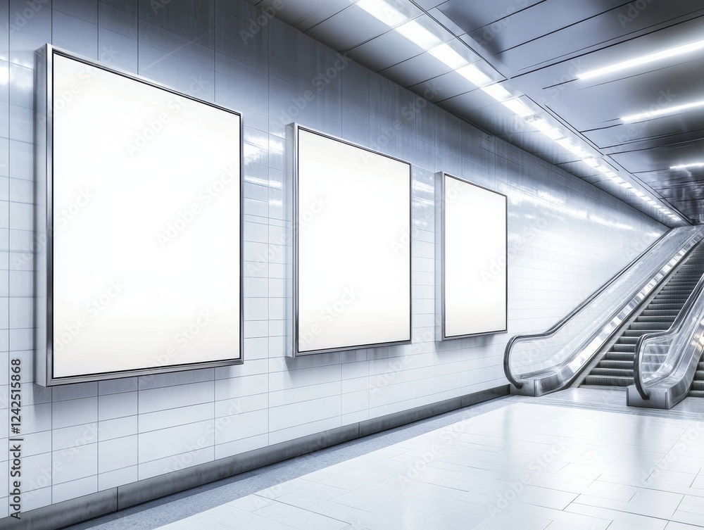 Poster subway station platform with escalator and advertising frames for visual communication design
