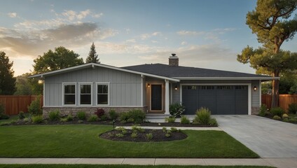 A charming gray ranch-style model house with clean lines, a simple roof, and a welcoming porch