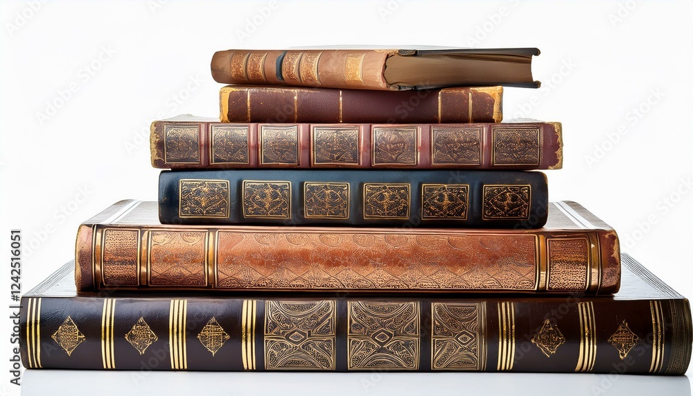 Poster stack of old books on a shelf. stack of old historical books isolated on white background